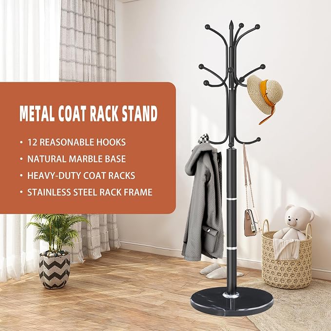Metal Coat Rack Stand, Modern Freestanding Coat Rack with Natural Marble Base, Black Coat Racks and Coat Hall Tree Hanger Stand with 12 Hooks for Entryway, Hallway, Office