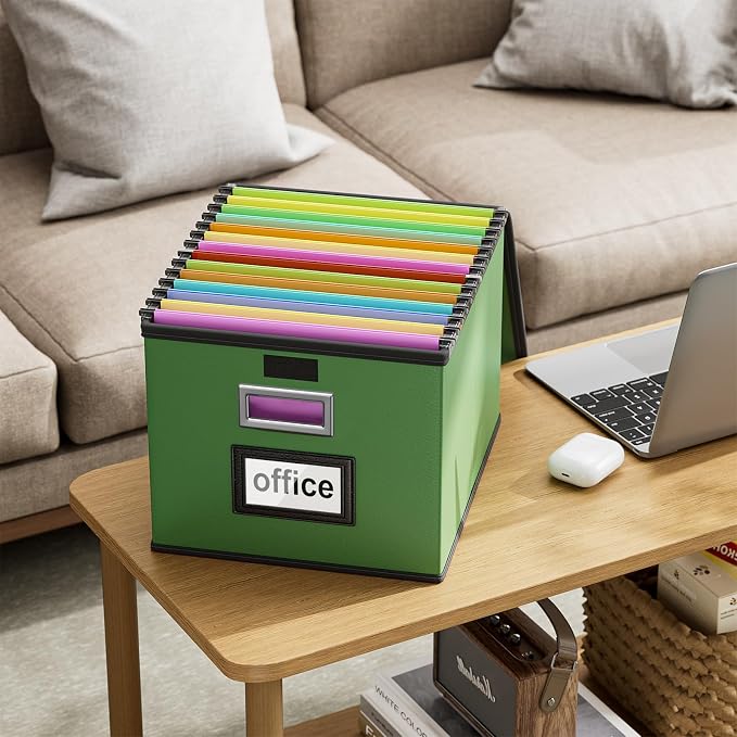 File Organizer Box with Lids, Collapsible File Folder Organizer | File Box with Plastic Slides for Document, Filing Bin for Letter Size Hanging File Folders (1 Pack, Green, Leather)
