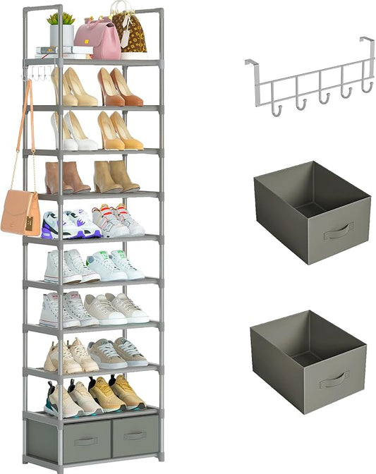 Shoe Rack Sturdy Metal 10 Tier Shoes Rack Organizer + 2Boxes 1Hook | Narrow Space Saving Shoe Storage Shelf for Closets, Tall Shoe Stand for Entryway, Living Room