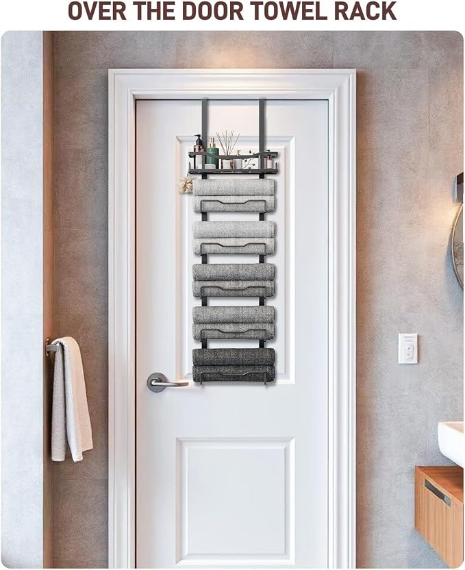 Aetyord Hanging Towel Racks for Bathroom No Drill - 6-Tier Over The Door Bath Towel Storage Organizer for Small Bathrooms - Tiered Back of Door Towel Holder Hanger for Rolled Towels RV Camper Black | 6-Tier Over The Door Bath Towel Storage Organizer wi...