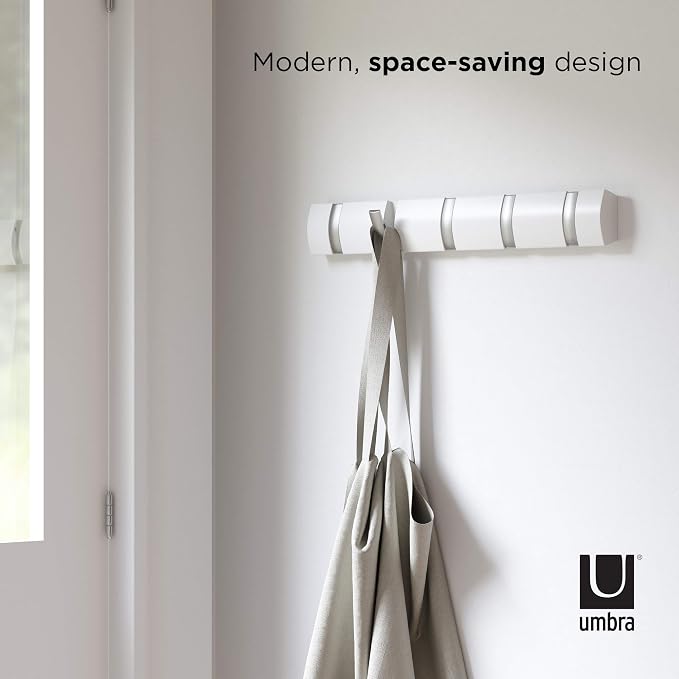 Umbra Flip Coat Rack, Wall Mounted 5-Hook Space Saving, White/Nickel | Real wood and steel build, retractable hooks fold flat, holds coats bags and scarves, easy install