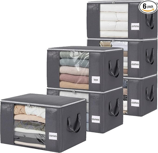 Blanket Storage Bags 6 Pack 90L Clothes Closet Organizer Containers PE | High-Strength PE, Reinforced Handle, Dual-Slider Zipper, Clear Window and Label Pocket, Ventilated Foldable Design