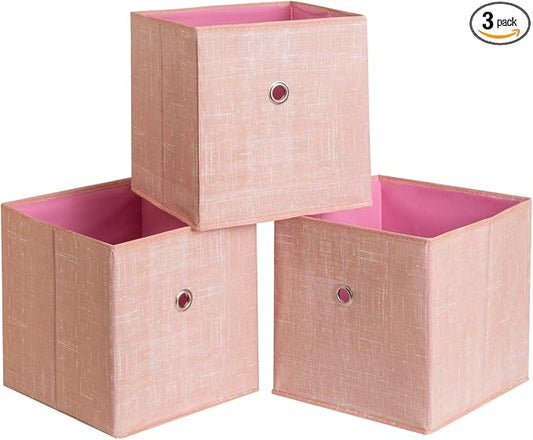 Foldable Storage Cubes Bins ,11 Inch Cloth Storage Cube Fabric Storage Box Cubes Organizer Baskets with Handles for Home Organizer Set of 3 (Cowboy Pink)
