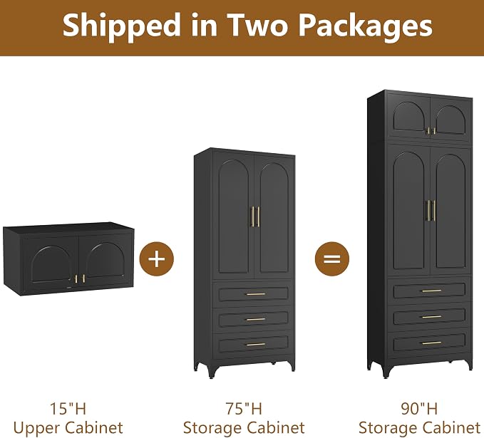 Polup Kitchen Pantry Cabinet, 90" Tall Metal Storage Cabinet with 3 Drawers | Black Heavy-Duty Steel Cupboard, 4 Doors, 2 Adjustable Shelves, Magnetic Latch, Gold Handles, for Dining Living Room, Laundry