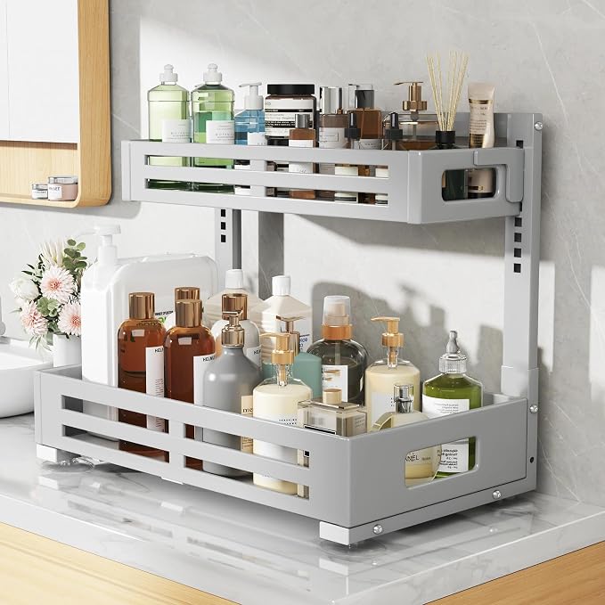 2 Pack 19IN-Depth Under Sink Organizer,Pull Out Cabinet Organizer With Smooth Cylindrical Rail,Metal Slide Out Drawer for Kitchen Bathroom Laundry,8-Level Tool Free Height Adjustable-Gun Gray