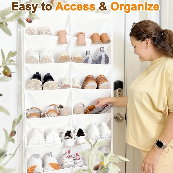 UVIAHOMI 20-30 Pairs Over the Door Shoe Organizer, Clear Pockets Hanging Shoe Storage for Closet, 10-Tier Door Shoes Rack, Handing Shoes Holder Fit All the Family's Sneakers, Boots, Heels, White