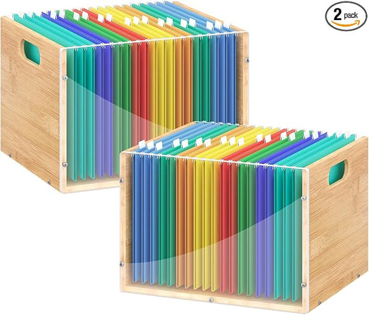 Sbanmao 2 Pack Hanging File Organizer, Clear Acrylic File Box Organizer, Bamboo Filing Box File Crate Storage Boxes, Portable Filing Organizer with Handle for Letter Size