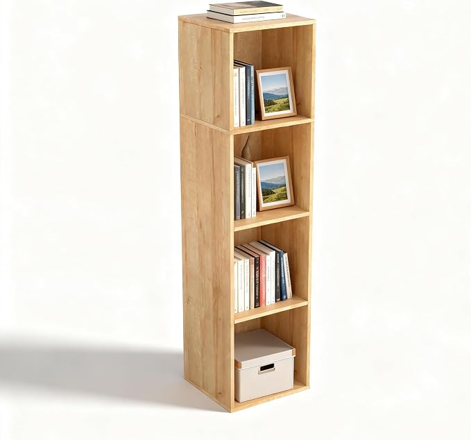 4 Cube Storage Organizer, 4 Tier Cube Low Bookcase Freestanding Storage Display Organizer, Four-Cubes Open Shelf Bookshelf for Home Office (Oak, 4-Cube)