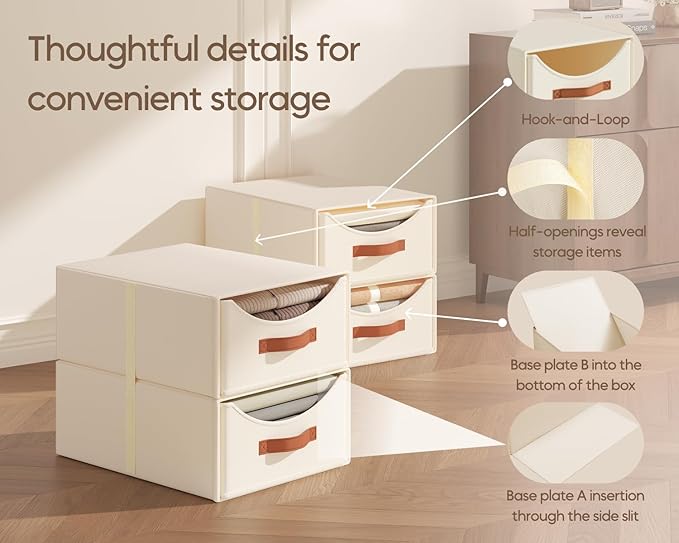 Homsorout Stackable Storage Drawers - Collapsible Storage Bins with Drawers, 4 Pack Closet Shelf Organizer Basket, Fabric Pull Out Organizer for Bedroom, Living Room, Dorm, Beige
