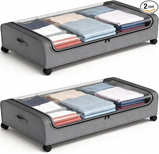 Under Bed Storage with Wheels, 6.7'' Tall Underbed Storage Containers with Lids - Rolling Bins for Shoes Clothes Blankets (Grey, 2-Pack XXL)