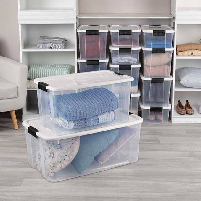 Sterilite 24-Pack Ultra Latching Box, Storage Bins with Lids, Clear Plastic, 70 Quart - Heavy-Duty Organizing Containers for Closet, Bathroom, and Office