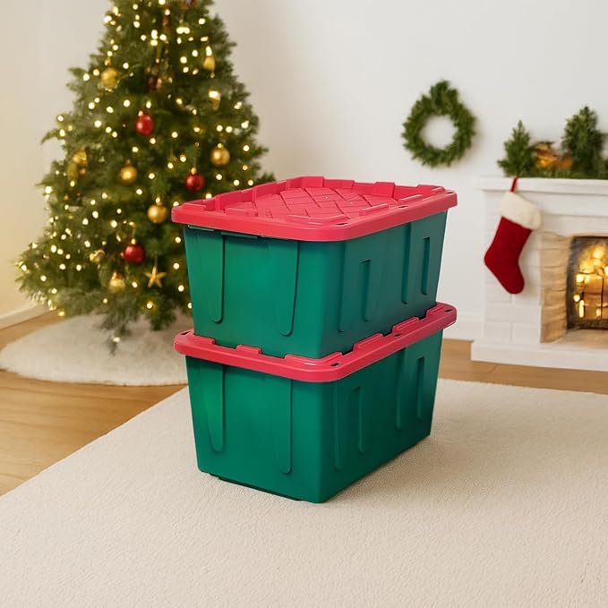 HOMZ Durabilt Plastic Storage Bins with Lids, 27 Gal, Red/Green, 2 Pack | Heavy-Duty Large Stackable Container Seasonal Boxes for Home, Attic, and Garage Organization