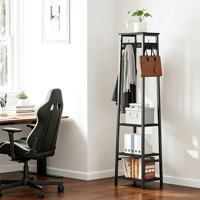 Coat Rack Freestanding with 3 Shelves and 7 Hooks | Coat Stand, Hall Tree Free Standing, Clothes Rack Stand Organizer, Industrial Style, Black