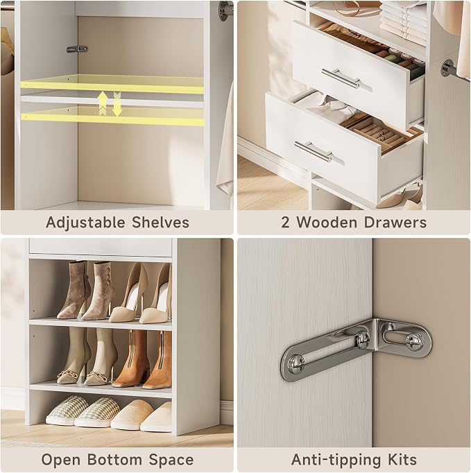 W2 Closet System with 2 Drawers, 3.5FT-7.7FT Closet Organizer System with 4 Chrome-Plated Telescopic Rods & 5 Adjustable Shelves, Custom Wood Walk-In Closet Clothing Rack, White