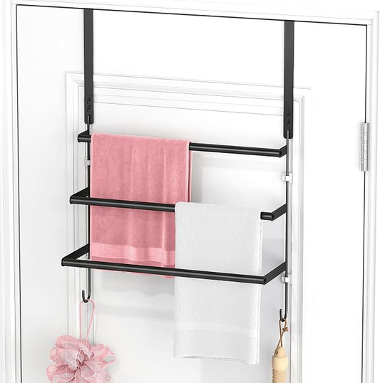 FLE Over The Door Towel Rack, Door Towel Bar, Black | Over Door Design, Stainless Steel Door Towel Rack, Rust-Resistant; Space-Saving for Bathroom, Hangs Bath Towels