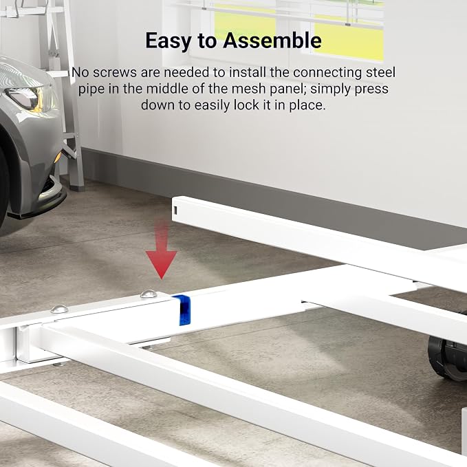 FLEXIMOUNTS 4x8 Overhead Garage Ceiling Storage Rack with 6 Hooks, White | 750lbs Capacity, 22.6"–39.4" Adjustable Dropdown, Heavy-Duty Metal Ceiling Racks, Storage Organization System, Lite Series