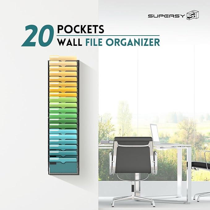 SUPEASY 20 Tier Wall File Organizer, Hanging Wall Mounted Mail Organizer with Label Slots, Metal Mesh File Holder Magazine Rack for Office, Home, School or Classroom, Black