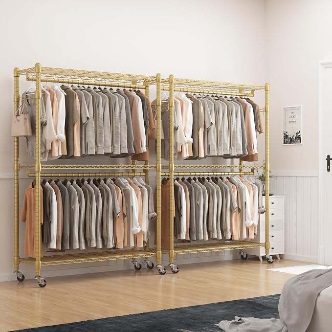 BATHWA Heavy Duty Rolling Garment Racks, 25mm Metal Pipe, 47.3"W x 17.7"D x 80.7"H Large Tall Portable Wardrobe Closet with 2 Rods, Wide Adjustable Shelves and Hangers, Clothing Hanging Storage, Gold