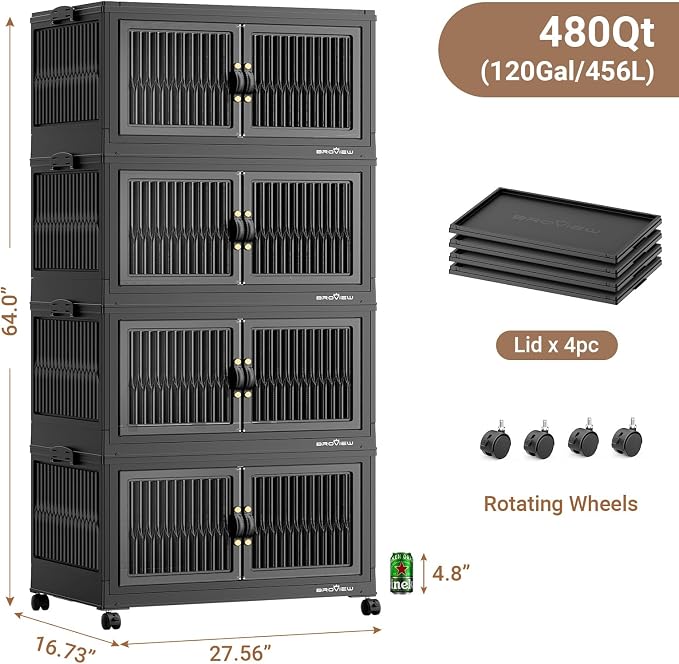 BROVIEW 480 Qt Stackable Storage Bins with Lids, Plastic Closet Organizers and Storage Drawer, Collapsible Storage Box with Wheels, Folding Storage Cabinet for Closet Clothes Organization, 4Pack Black
