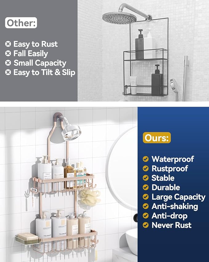 YASONIC Never Rust Shower Caddy Hanging, Aluminum Shower Racks for Inside Shower, 2-Tier Shower Organizer Hanging Over Shower Head with Hooks and Soap Holder, Rose Gold
