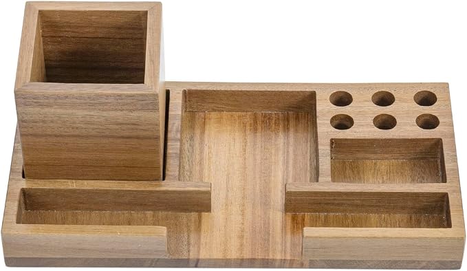 MyGift Wood Desk Tray Desk Organizer Office Desktop Pen Holder Sticky Note Holder Acacia Solid Wood Storage Tray