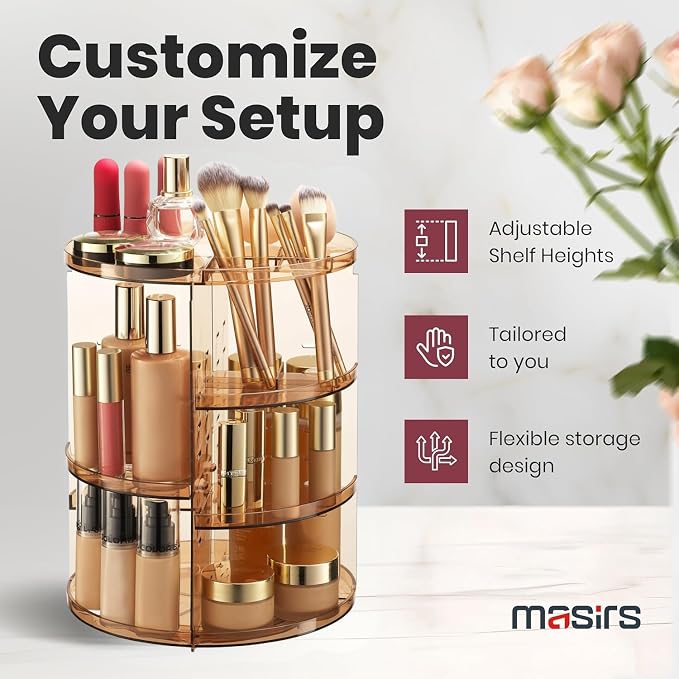 Masirs 360 Rotating Makeup Organizer Countertop, Adjustable Shelf, Brown | 360-Degree Rotating Makeup Organizer, Adjustable Shelf Height, Cosmetic Perfume Skincare Storage, Vanity Countertop, Brown
