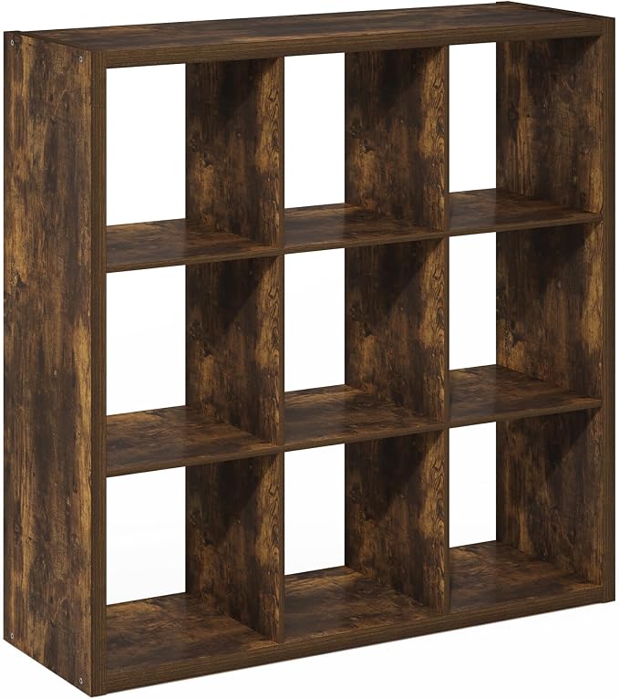 Furinno Cubicle 9-Cube Book Shelf, Extra Thick Frame Bookshelf, Amber Pine | 14.6" x 44" x 44", Reversible Bookcase with Open Back, for Living Room, Bedroom, Home Office
