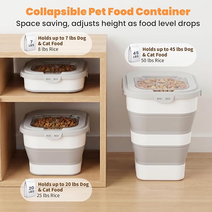 40 Lbs Dog Food Storage Container, Collapsible Cat Food Container | Airtight Pet Food Storage Containers with Wheels, Clear Window, 2 Measuring Cup, Scoop, BPA Free for Rice, Flour, Bird Seed