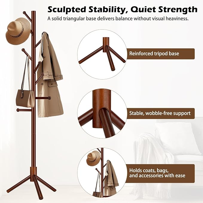 Wooden Coat Rack Freestanding, Adjustable Height Solid Wood Clothes Stand with 8 Ball-End Hooks, Stable Tripod Base, 5.7FT Floor Coat Tree for Entryway Bedroom Office, Brown