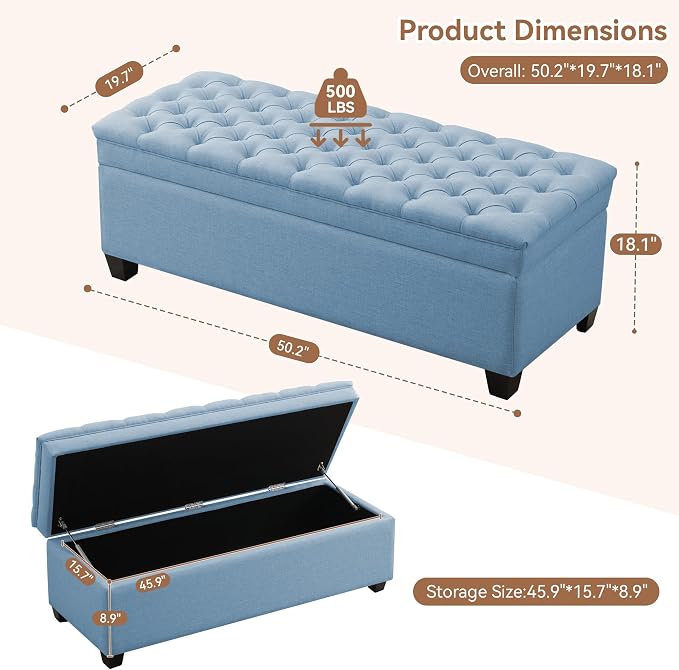 WUTUTUEE 51" Fabric Storage Ottoman Bench, Upholstered Rectangle End of Bed Storage Ottoman Tufted Living Room Bedroom Bench with Safety Hinge, Solid Wood Legs, Loads 500 lb(Light Blue)