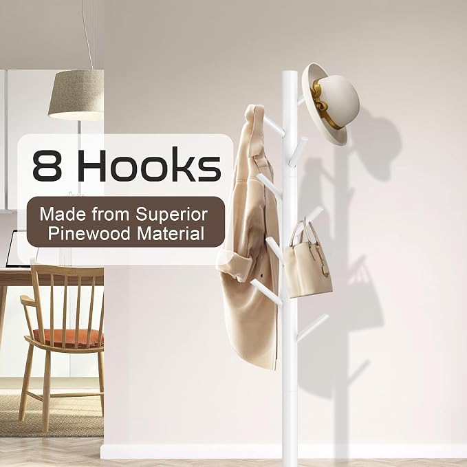 Aliphon Wooden Coat Rack Stand, Freestanding Coat Rack with 8 Hooks, 3 Adjustable Size Coat Tree for Hats, Coats, Scarves bags, Coat Hanger Stand Used in Bedroom/Office/Entryway, 2 PCS (White)