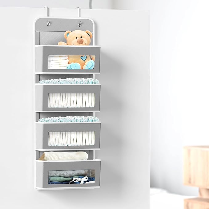 Simple Houseware 4 Clear Window Pocket Over Door Hanging Organizer, Gray | Over the Door Storage for Closet, Bedroom, Bathroom, Pantry