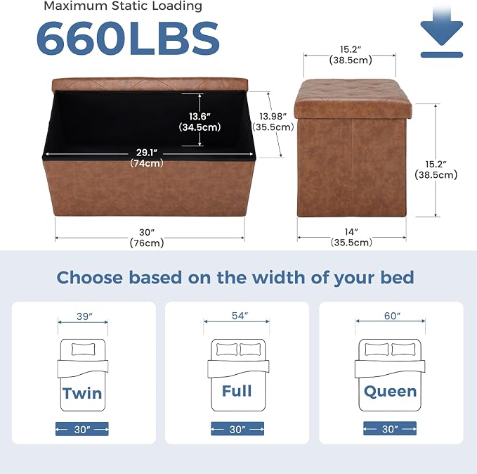 DUMOS 30 Inch Folding Storage Ottoman Bench, Hidden Ottoman with Storage | Storage Chest with Padded Seat, End of Bed Foot Rest Stool for Bedroom Living Room, Load 660 lbs, Synthetic Leather, Brown