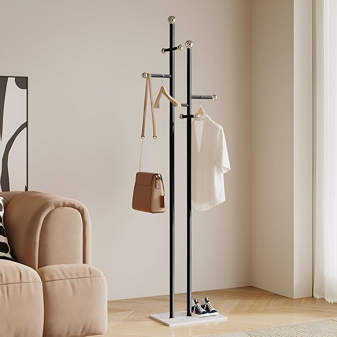Metal Standing Coat Rack for Entryway Bedroom Living Room (Black) | Easy Assembly, Compact Footprint, Space Saver, Metal Frame, Marble Base, Sturdy, 8 Spherical Hooks, Office, Corner