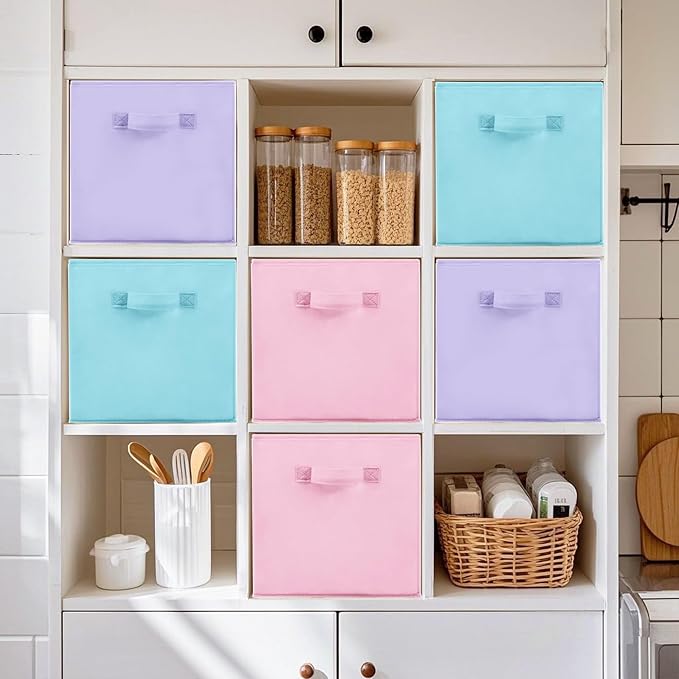 11x11 Inch Storage Bins Cubes, Fabric Foldable Storage Box, Collapsible Closet Organizer for Clothes, Blankets, Office, Bedroom, Living Room, Shelf Cabinet, Bookcase, Multi-Color, 3 Pack