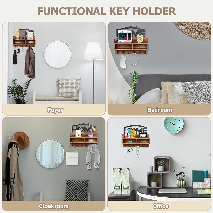 VIS'V Key Holder Wall Mount, Decorative Wood Mail and Key Organizer, Brown | Contains Iron Storage Basket, Small Shelf, 2 Compartments, 6 Hooks, for Entryway, Hallway, Doorway, Kitchen, Garage, RV