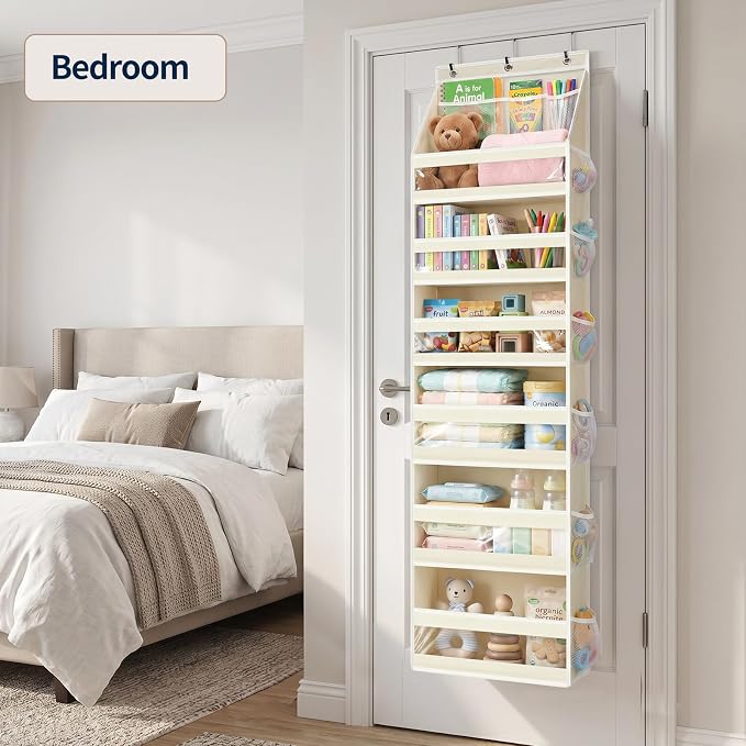 Yecaye 7 Tier Over the Door Organizer, Large Capacity Door Organizer Hanging with Clear PVC Windows, Behind the Door Storage for Bedroom Nursery Closet Laundry Pantry Bathroom, Cream White
