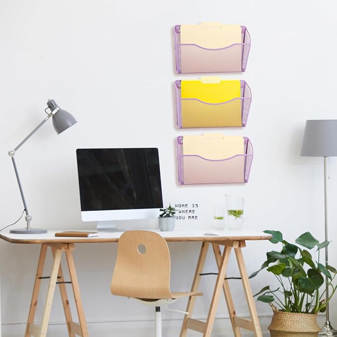EASEPRES 3 Single Pocket Mesh Hanging File Organizer, Vertical Wall Mounted Magazine File Holder, Mount Basket Mail Paper Document Folder Organizing for Office, Home and School, Light Purple