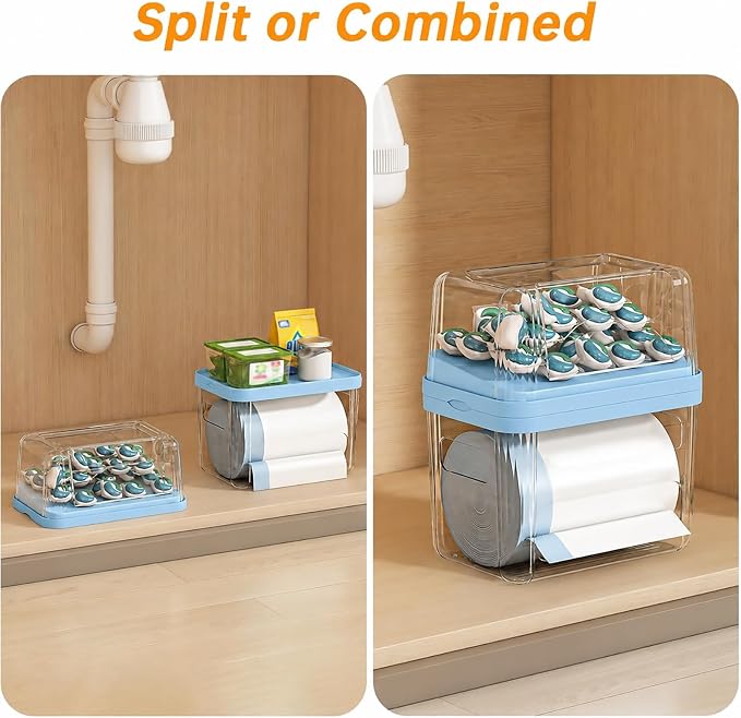 2-in-1 Trash Bag Holder Laundry & Dishwasher Pods Container,Garbage Bag Dispenser with Removable Lids,Kitchen Organizer and Under Sink Storage Box (Blue)
