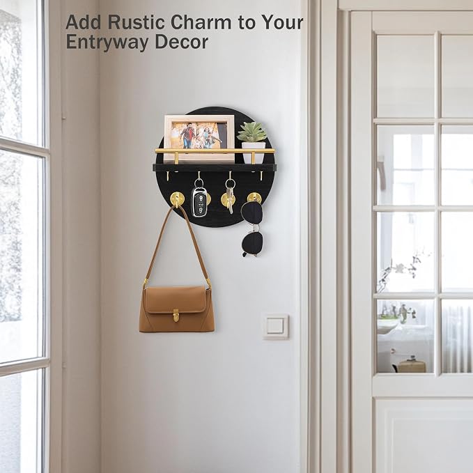 dreampossible Key Holder Wall Mount - 10.2 Inch Decorative Key Rack and Mail Organizer with 8 Key Hooks - Wooden Key Hanger with Shelf for Wall and Home Decor
