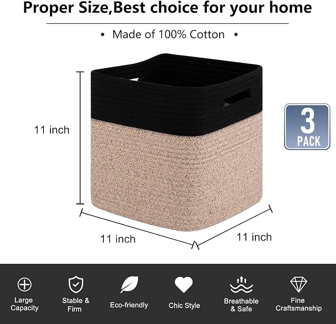 OIAHOMY Cube Storage Basket, 3-Pack Woven Cotton Rope Baskets for Storage, 11-Inch Cube Basket with Handles, Great for Shelves, Closets, Children's Toy Storage and Organization-Black & Brown