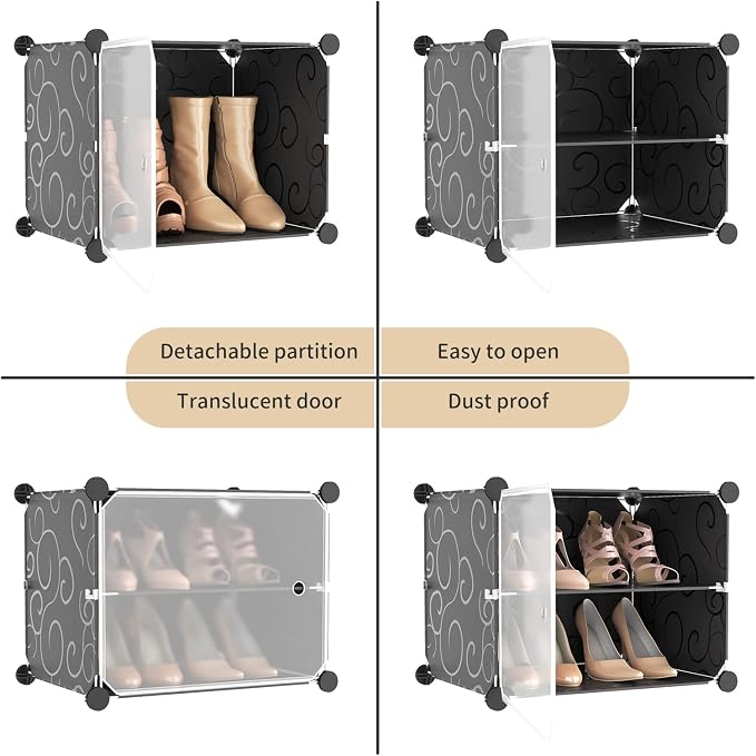 Portable Shoe Rack Organizer with Door, 96 Pairs Shoe Storage Cabinet Easy Assembly, Plastic Adjustable Shoe Storage Organizer Stackable Detachable Free Standing DIY Expandable 12 Tier Black
