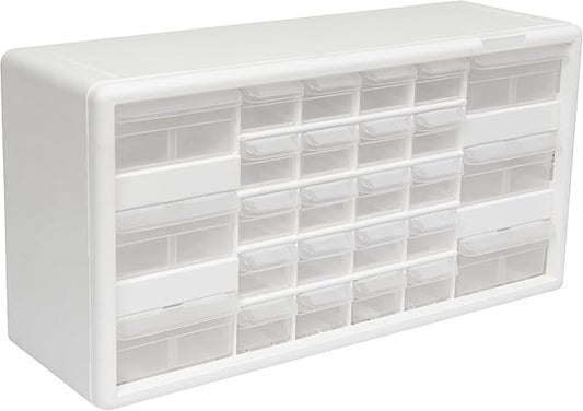 Akro-Mils 26-Drawer Plastic Storage Cabinet, 20" W x 6" D x 10" H, White | Plastic Cabinet w/ Drawers for Garage Organization, Beads, Building Bricks Storage, Teacher Toolbox, Makeup Organizer, 10126