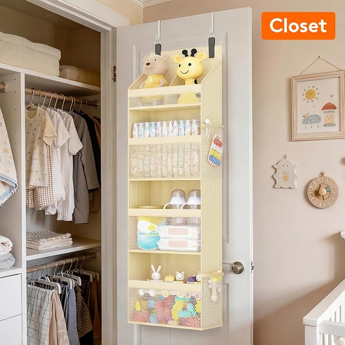 Lifewit 4 Tier Over the Door Diaper Organizer for Nursery, Large Heavy Duty Hanging Storage with 4 Mesh Side Pockets, Sturdy Back of Door Shelf for Baby Stuff Toy in Pantry, Laundry, Bathroom, Beige
