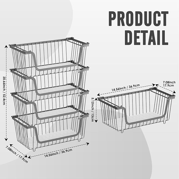 GAOKASE 4 Pcs Stackable Wire Baskets for Pantry Organizers and Storage, | Vegetable Fruit Basket for Countertop,Kitchen Storage Metal Baskets,Produce Potato Onion Storage Bin,Gray