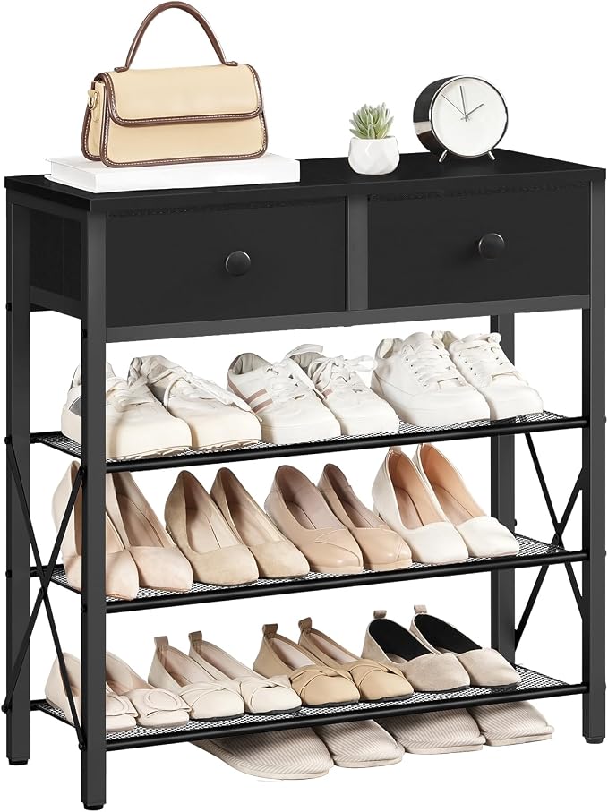 4 Tier Shoe Rack, Large Capacity Shoe Storage Organizer, Metal Shoe Shelf with Drawer and Wooden Top, for 16 Pairs of Shoes, for Entryway, Closet, Black SS24BB