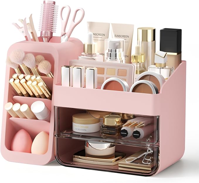 Countertop Makeup Skincare Organizer with Adjustable Brush Holder, Pink | Extra Thick Plastic, Clear Drawers, Large Bathroom Vanity Counter Organizer, Cosmetic Storage for Perfume, Lipstick, Palettes