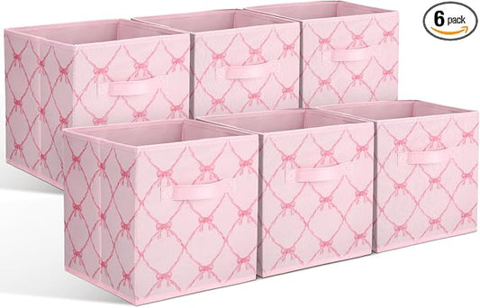 6 Pcs Light Pink Bow Cube Storage Bins 11 Inch Storage Basket with Handle, Preppy Girls Organizer Basket, Collapsible Fabric Box for Classroom Bedrooms Office Home Decoration Gift