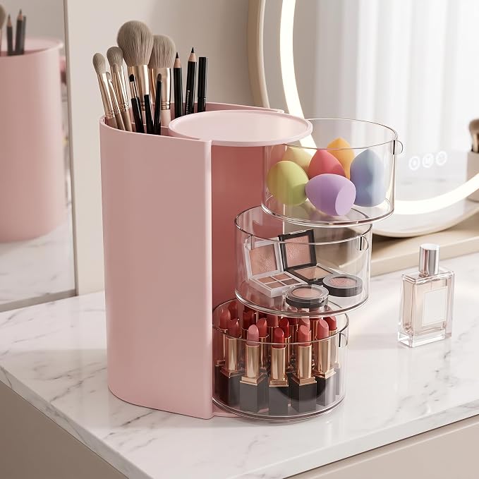 Makeup Organizer, 3-Tier Pink Cosmetic Organizer Dustproof Rotating Makeup Brush Holder, 18.2cm Height Desktop Storage Box For Vanity Countertop Eyebrow Pencils Powder Puffs And Office Pen Storage