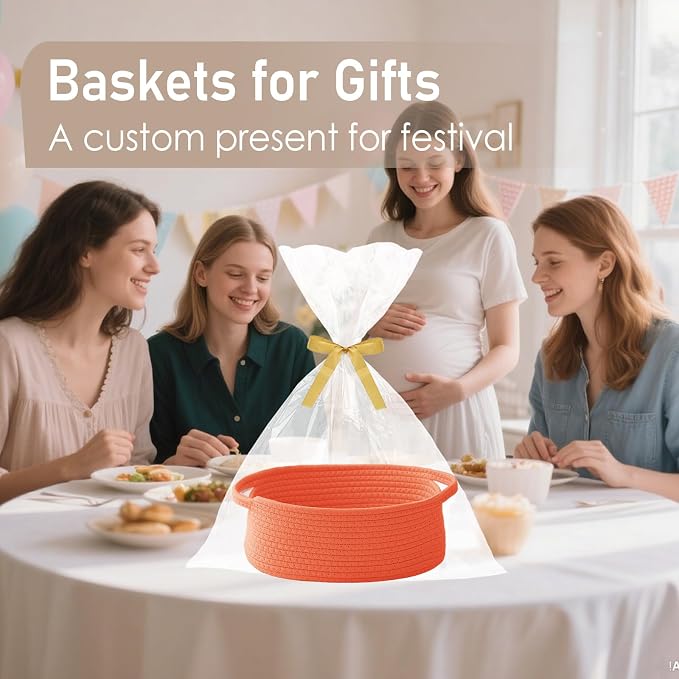 JMvicyroam Small Woven Basket, Empty Gift Basket, Orange/3 Pack | Small Gift Basket, Cotton Rope, 12 x 8 x 17 in, Handles, Includes Ribbon and Bag, Birthday Gift Basket